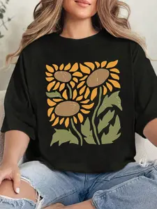 Plus Size Vintage Floral Shirt, Vintage Sunflower Shirt, Wild Flower T-Shirt, Bohemian T-Shirt, Botanical Print Shirt, Plus Size T-Shirt, Gift For Mom, Graphic Tee, Women Tops Casual Black Summer