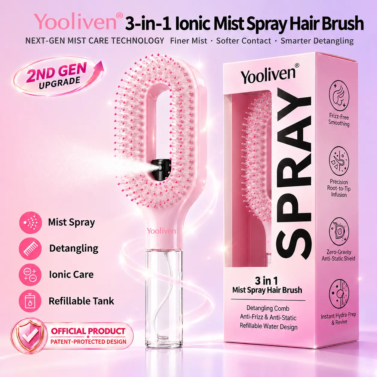 Yooliven Official GEN 2 3-in-1 Round Ionic Mist Spray Hair Brush - Anti-Frizz Detangling Tool for Moms, 55ml Refillable ABS Tank, Nylon-Horse Hair Dual Bristles, Scalp Massage Tips, Gentle Leave-In Mist Comb for Dry Thick Locks, Detangle