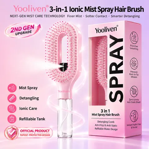 Yooliven Multi-Functional 3-in-1 Round Ionic Mist Spray Hair Brush for Moms - Anti-Frizz Detangling Tool with 55ml Refillable ABS Plastic Tank, Nylon Horse Hair Dual Bristle Tips, Scalp Massage Tips, Leave-In Mist Comb for Dry Thick Locks