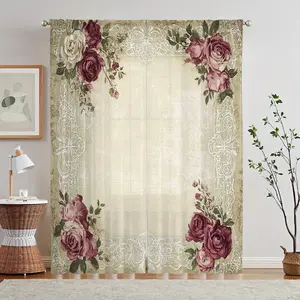 2-Pack, Vintage Rose and Lace Clear Curtains, Home decoration curtain - Translucent Curtains, 100% Polyester Machine Washable, Suitable for Kitchen Living Room Bedroom Home Decor, Filtered Light Privacy Home Decor, Window Style