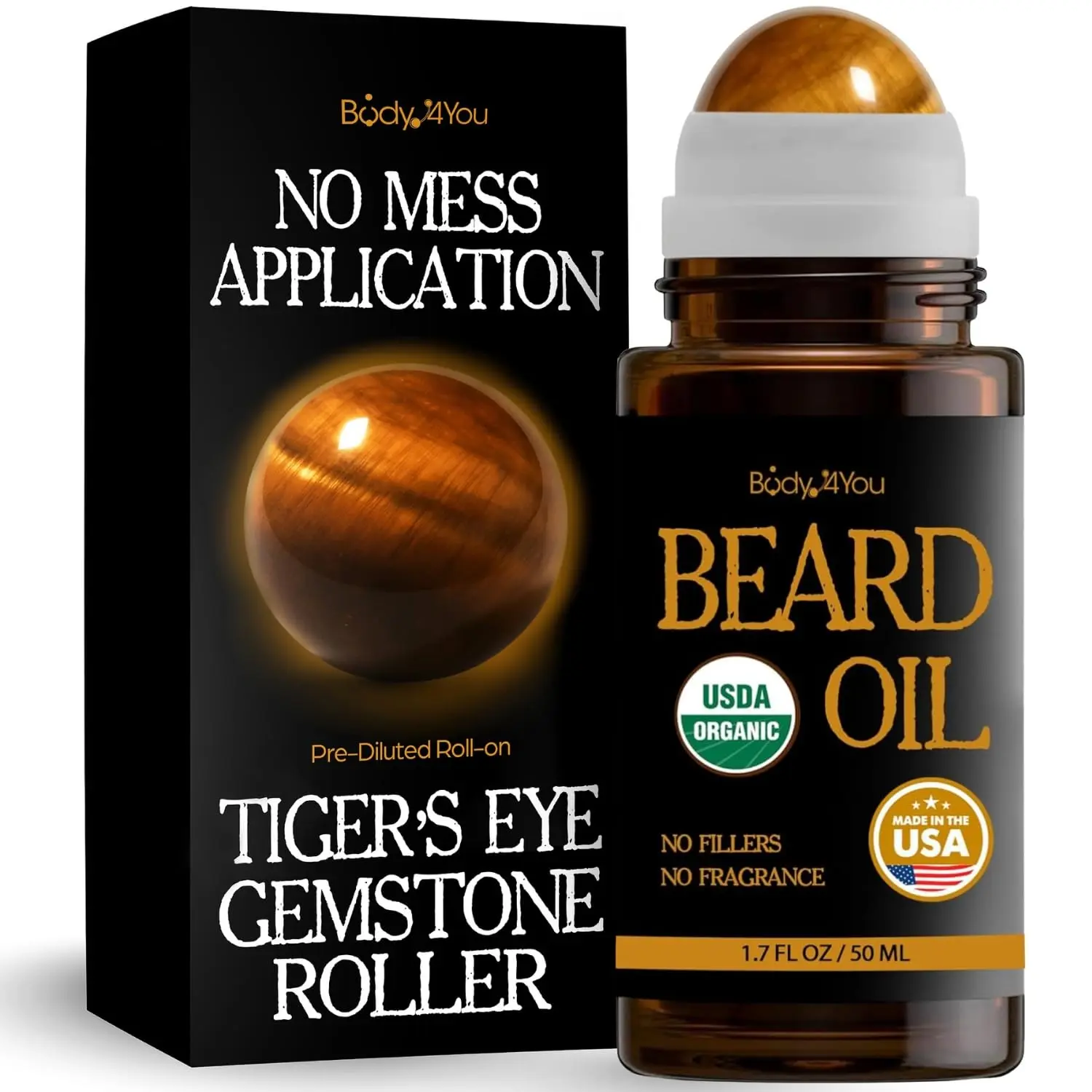 Organic Beard Oil Roll-On with Jojoba, Castor & Argan for Men - USDA Pure Vegan Beard Growth Conditioner, Tiger Eye Stone Roller, 1.7oz