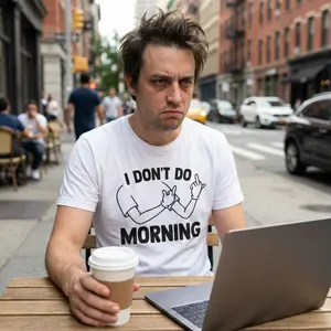 Funny Printed T-shirt - I Don't Do Morning Graphic Tee for Men Streetwear Menswear White Cotton Casual Top