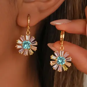 18K Gold Plated Colorful Gemstone Flower Dangle Earrings for Women, Hypoallergenic Cubic Zirconia Earrings, Elegant Chandelier Drop Earrings, Statement Jewelry Gifts Fashion