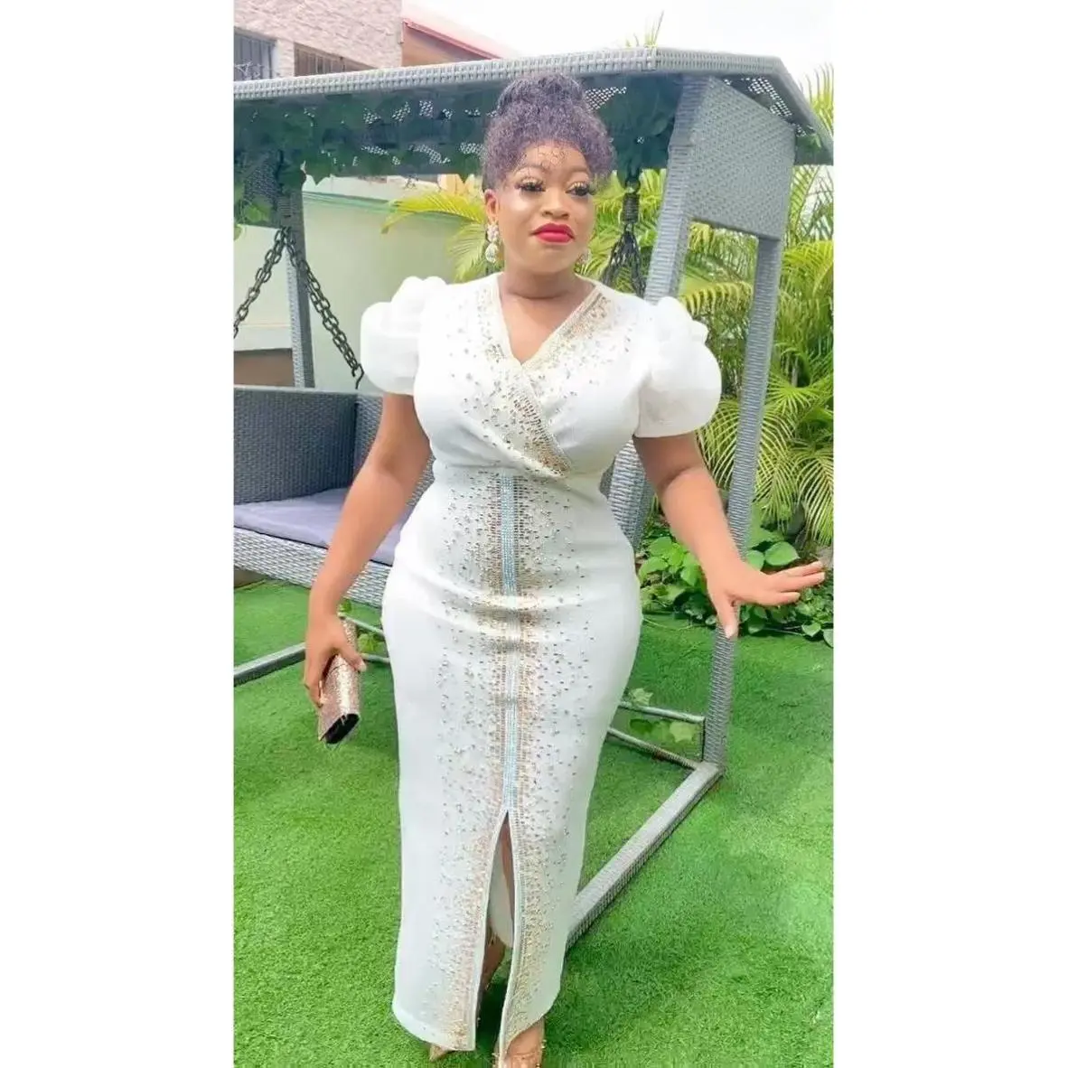 White Embellished Puff Sleeve Maxi Dress - Formal Wedding Guest Birthday Photoshoot Cocktail Party Mother of The Bride Anniversary Turkey Women's Party Outfit
