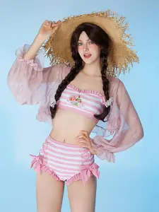 Officially Licensed Micotaku × Strawberry Shortcake Pink Striped Two-Piece Swimsuit with Cover up