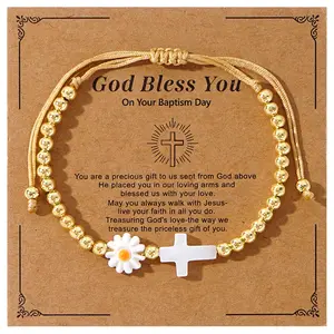 Shinus Boho White Shell Cross & Daisy Charm Bracelet Gold Plated Beaded Handmade Adjustable Gift Bracelet with “God Bless You” Card Gift for Women Gift for her adjustable fashion accessory