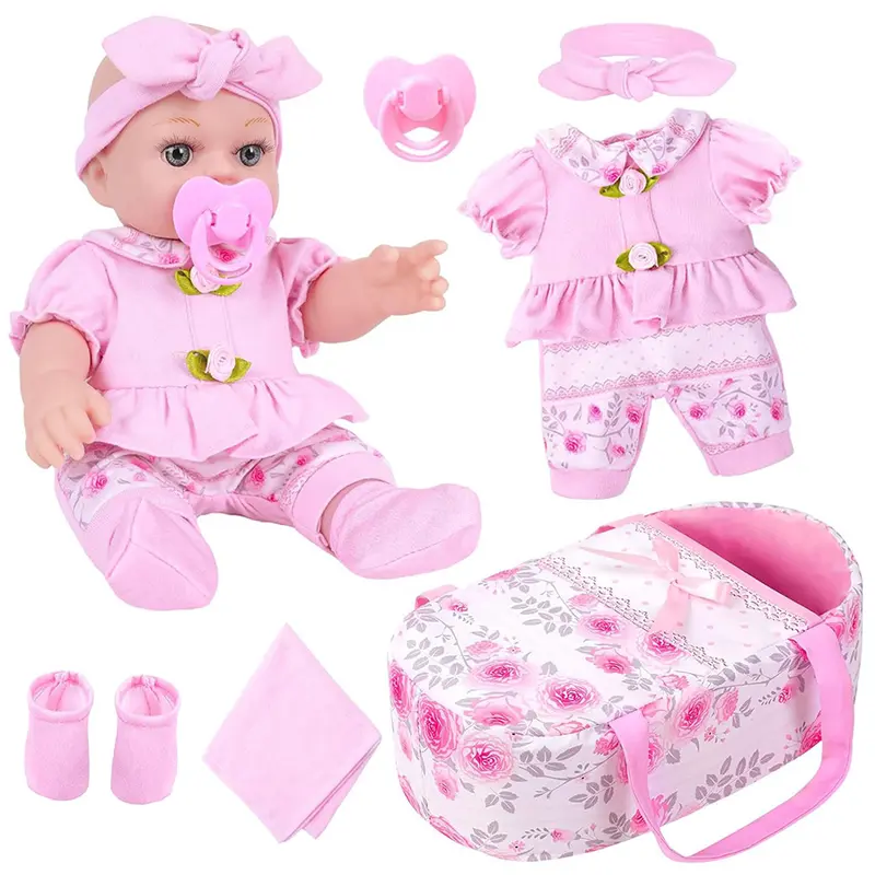 DONTNO 12 Inch Baby Doll with Bassinet Bed,Reborn Alive Doll Includes Clothes and Accessories,Bottles,Nipple,Diaper,Burp Cloth,First Baby Dolls for Toddlers 36 Months and Up