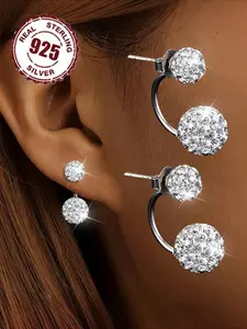 S925 Sterling Silver Fashion Ball Design Earrings, Hanging Style, Half-wrapped, Blink-bling, Shiny, Daily Versatile, Suitable for Parties and Banquets, Dangle Earrings