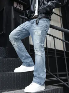 Men's Light Blue Washed Ripped Jeans, Distressed Washed Denim, Elastic Micro Flare, Mid Waist, Button Fly, Fashionable All-Season Streetwear, Trendy Denim Jeans