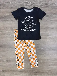 SYDNEY SO SWEET Spooky Dude Boys Halloween Ghost Outfit or Lounge Set - Black Tee & Orange Checkerboard Pants - Cotton Blend - True to Size Fit
