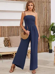 Strapless Wide Leg Jumpsuit for Women - Smocked Tube Top - Casual Summer Outfit - Beach & Vacation Essentials