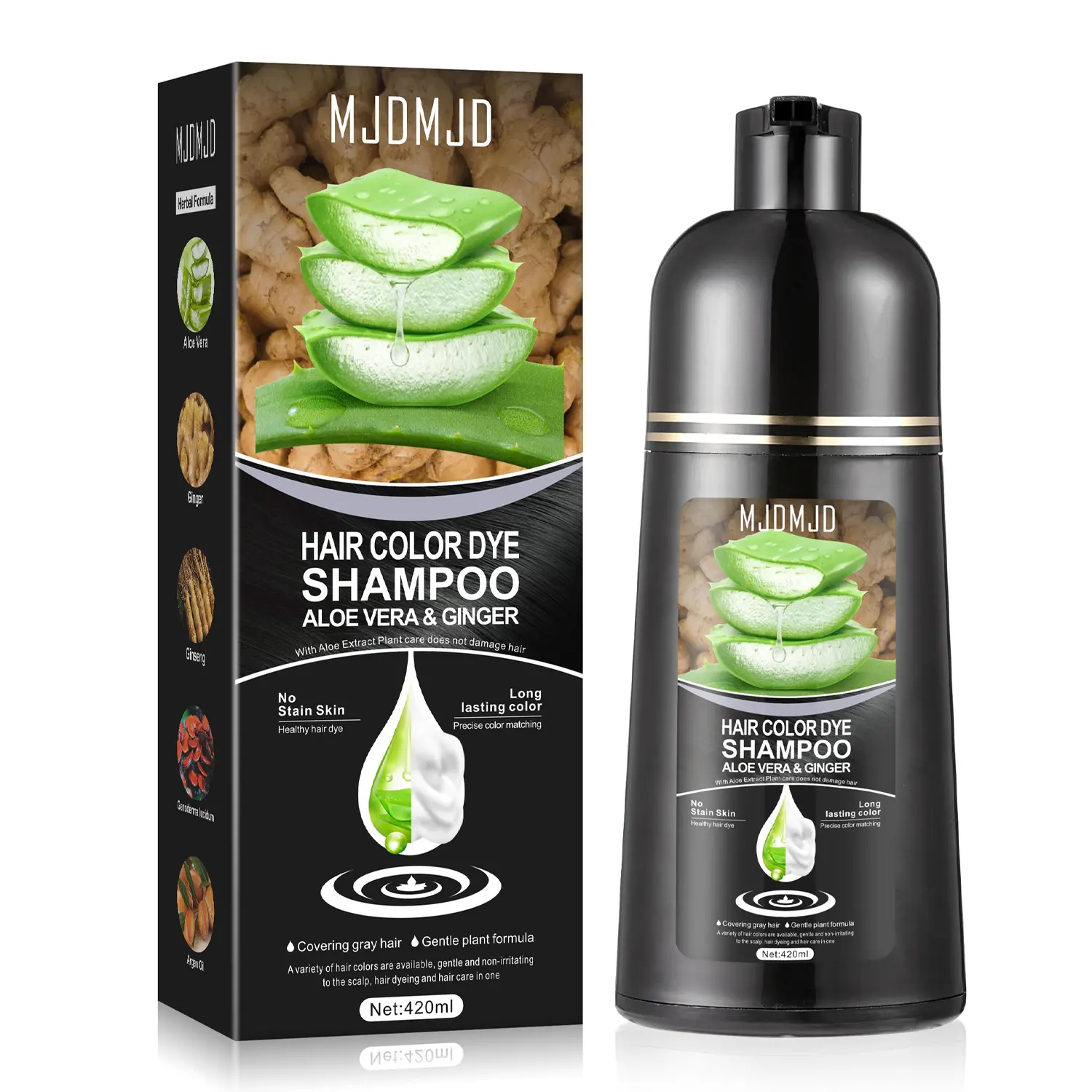 Aloe Vera & Ginger Hair Dye Shampoo 3-in-1, Instant & Long-Lasting Hair Color Shampoo with Plant Extracts, Gray Hair Coverage, Gentle Formula Haircare, No Stain Skin, Unisex 420ml