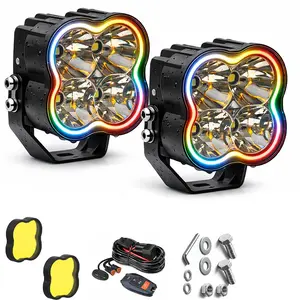 BLUEMOTOR Quadra Series 4 Inch 200W 15000LM RGB LED Pod Lights 2PCS, White Amber 5-Color DRL, Gradient Cycle, Spot Flood Combo Beam, Off Road Lights for Jeep Truck SUV UTV ATV