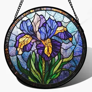 Purple Birth Flower Wildflowers Stained Glass Suncatcher Window Hanging for Door Garden Home Decor, Birthday Gift