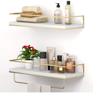 White Wood & Metal Floating Shelves Set of 2 - 15.7in Wall-Mounted with Gold Towel Bar, Easy Installation, Modern Decorative Storage for Bathroom & Kitchen, Ideal Gift with Fake Plastic Rose Flower Arrangement Ball