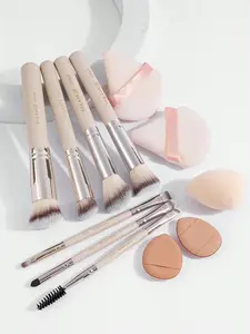 MAANGE 12 Pcs Makeup Tool Set with 7 Brushes & 5 Powder Puffs Apricot Color Soft for Precision Application