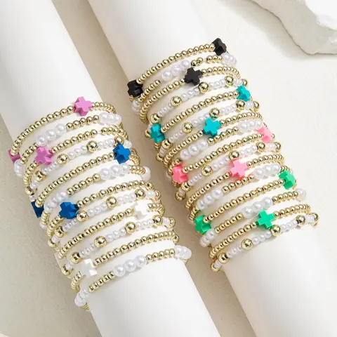 Colorful Cross Charm Decor Beaded Bracelet Set, Fashion Faux Pearl Bracelet for Party, Everyday Outfit Accessory, Trendy Versatile & Exquisite Jewelry for Birthday Gift, Beaded Bracelets Set