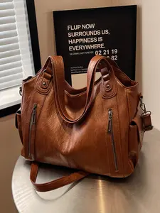 Women's Solid Color Zipper Tote Bag, Fashionable Large Capacity Shoulder Bag for Work & Daily Used, Casual Trendy Versatile High-quality Daily Commuting Bag, Daily Commuter Purse, PU Tote Satchel