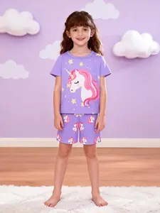 Little Girl Round Neck Short Sleeve Shorts Matching Pajama Set, Unicorn Pattern Print, Casual Soft Fabric Comfortable Homewear, Fitted Style, Sleepwear Pajamas