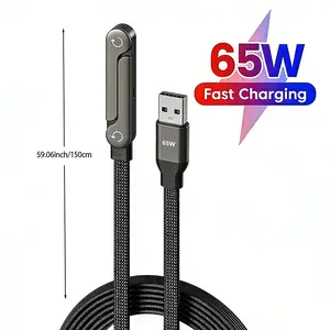 65w PD Foldable Phone Stand Data Line Charging Cable, USB to Type-C Fast Charge, 360 Degree Rotating Metal Hidden Stand, 1.5m Folding