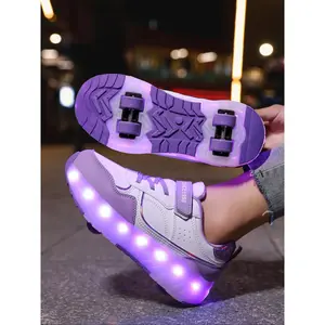 Teen Girls' Wheel Shoes, Roller Skates, Skater, Four-Wheel Skate Shoes, Medium-Large Kids Girl Small Wheels, LED Rechargeable Glowing Shoes