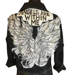 Cropped Black Denim Custom Original Hand-Painted Angel Wings Jean Jacket Size Medium Coats Fits Style