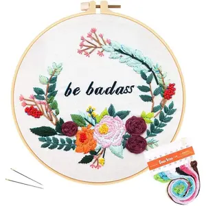 Funny Embroidery Kit for Beginners Flower Wreath Cross Stitch Adults Needlepoint Kit DIY Embroidery Starter Kit