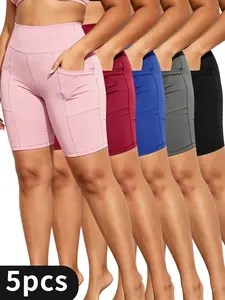 Women's Plus Size Workout Biker Shorts 5-Pack - Highly elastic, side phone pockets, non-see-through for yoga and running