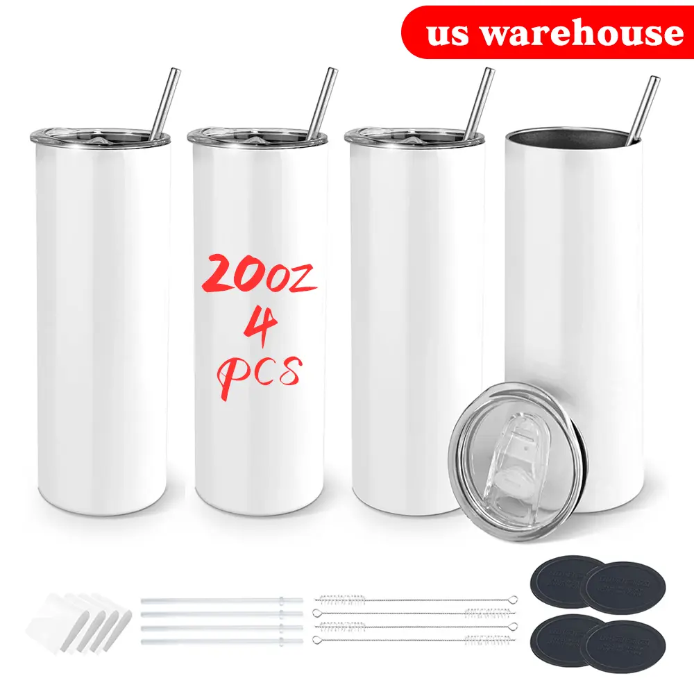 4-Pack 20oz Stainless Steel Sublimation Ready Straight Travel Tumblers - Logo-Free Vacuum Insulated Flasks, Thermal Cup, Plastic Lid, Metal/Plastic Straws, Shrink Wrap, Rubber Bottoms, 4pack for gifts