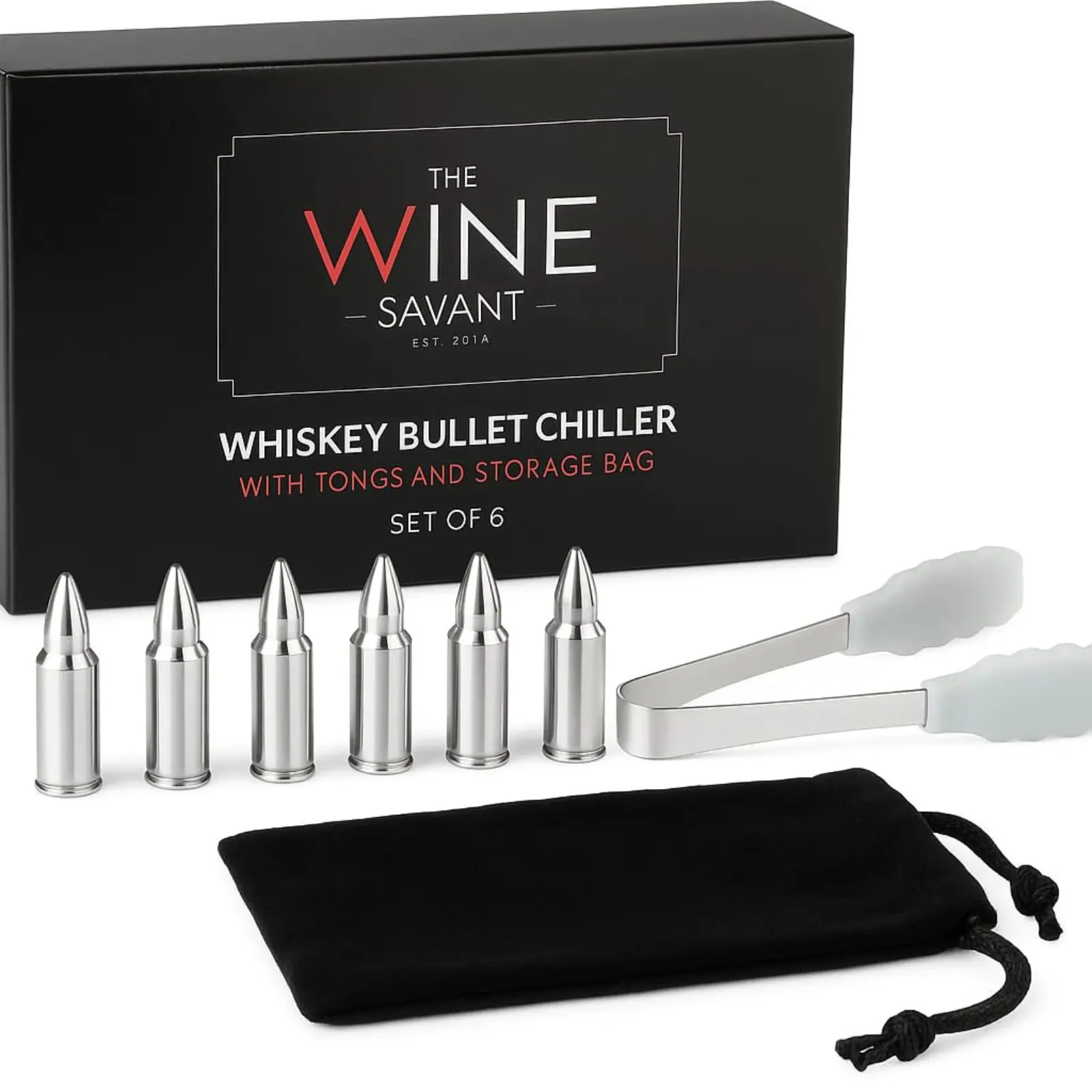Bullet Whiskey Chillers Stones - Whiskey Rocks by The Wine Savant Set of 6 - Stainless Steel Bullet Shaped Ice Cubes, Gift Box Come, Tongs and Storage Bag, Whiskey or Scotch Rocks (Silver)