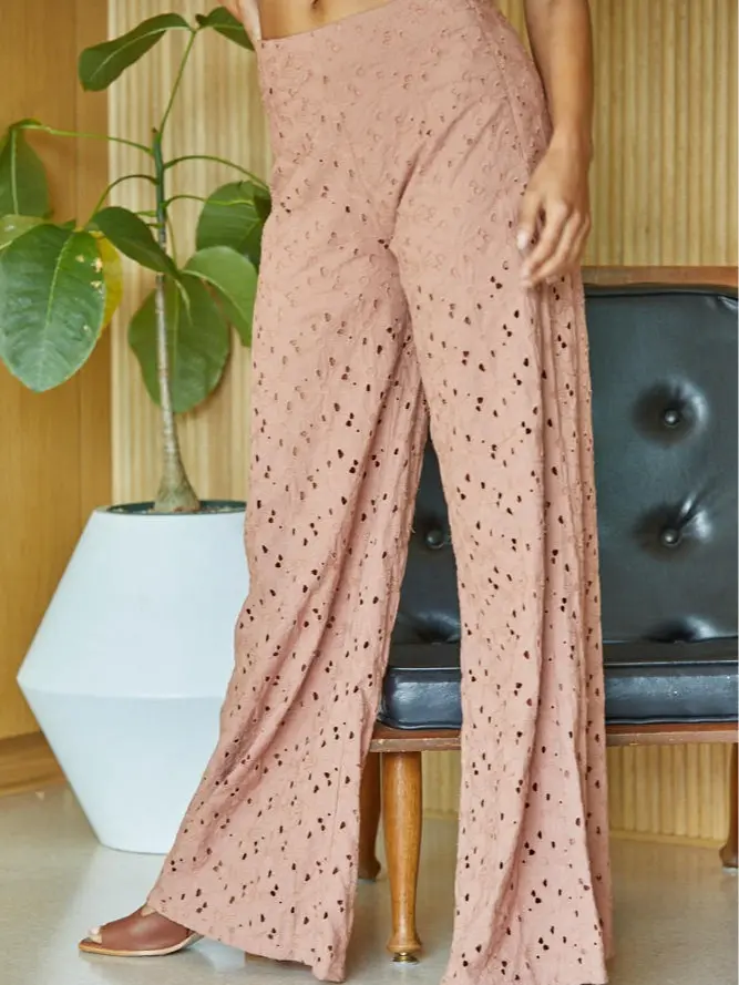 Share NWT By Together Tessa Eyelet Wide Leg Pants Dust Rose Pink Boho High Waist Bottoms Crop