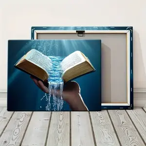 Elegant Frame Canvas Wall Art - Open Bible with Water Flow Design, Classic Wooden Frame, Blue and White Living Room, Office or Entrance Decoration, Room Decoration