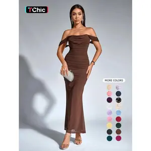 Women's Off The Shoulder Ruched Draped Backless Bodycon Ruched Mermaid Dress, Chic Elegant Slim Fit Zipper Back Long Dress for Party Club Dating Wear, Ladies Autumn Clothes, Womenswear, Wedding Dress, Formal Wear, Brown