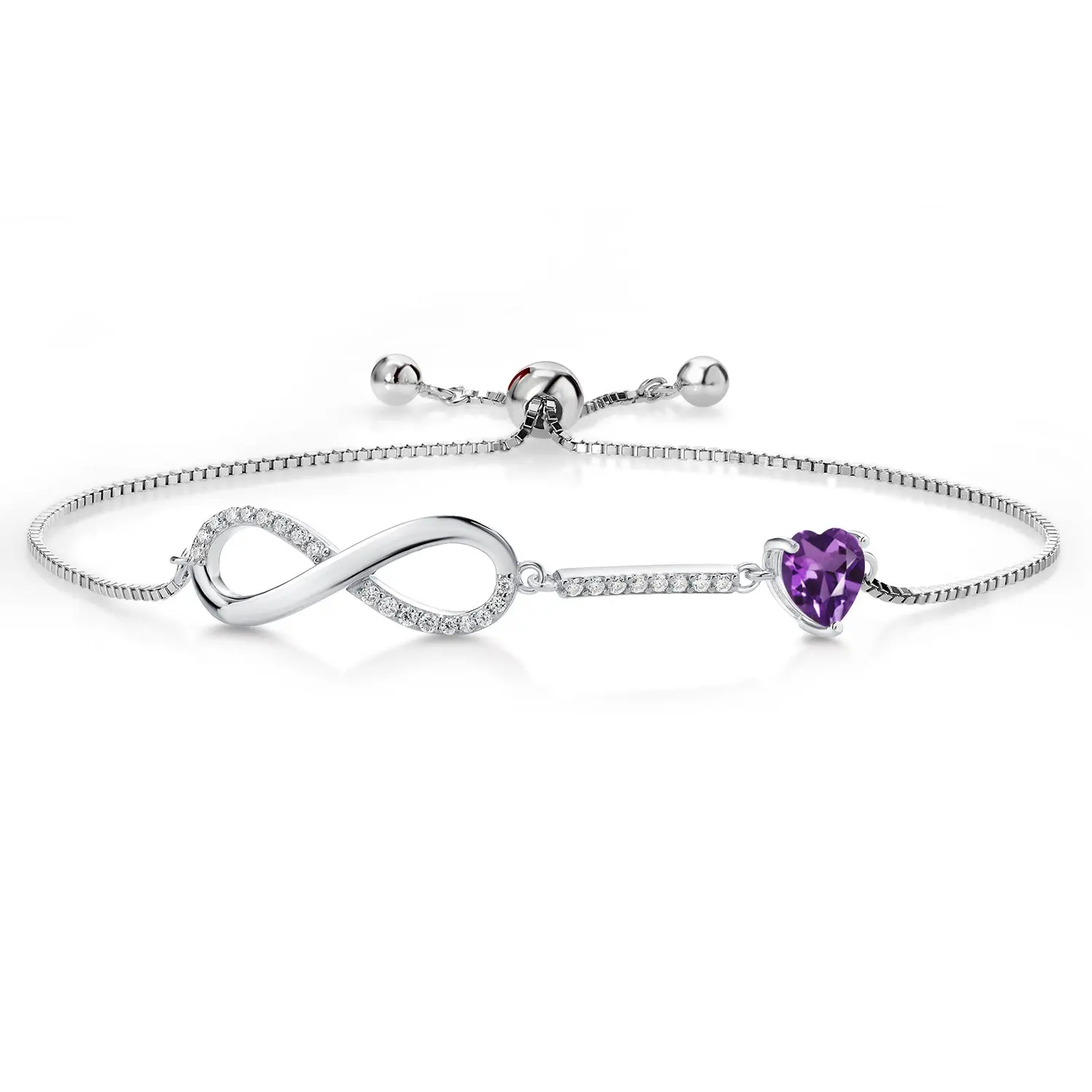 925 Sterling Silver Heart Shape 6MM Gemstone Birthstone and White Moissanite Infinity Tennis Bracelet For Women Fully Adjustable Up to 9 Inch