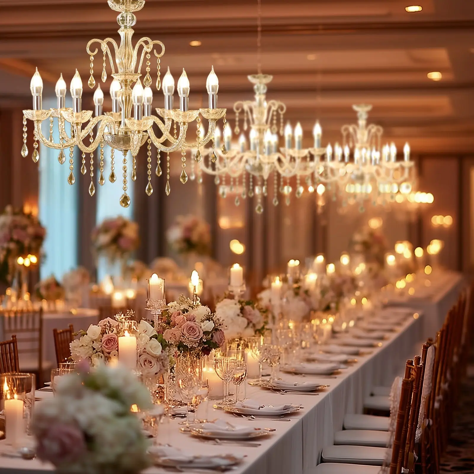 Crystal Chandelier with 10 LED Candle Bulbs – Silver 2-Tier Acrylic Ceiling Light Fixture with Decorative Upper Crystals for Dining Room or Entryway – 2.5ft