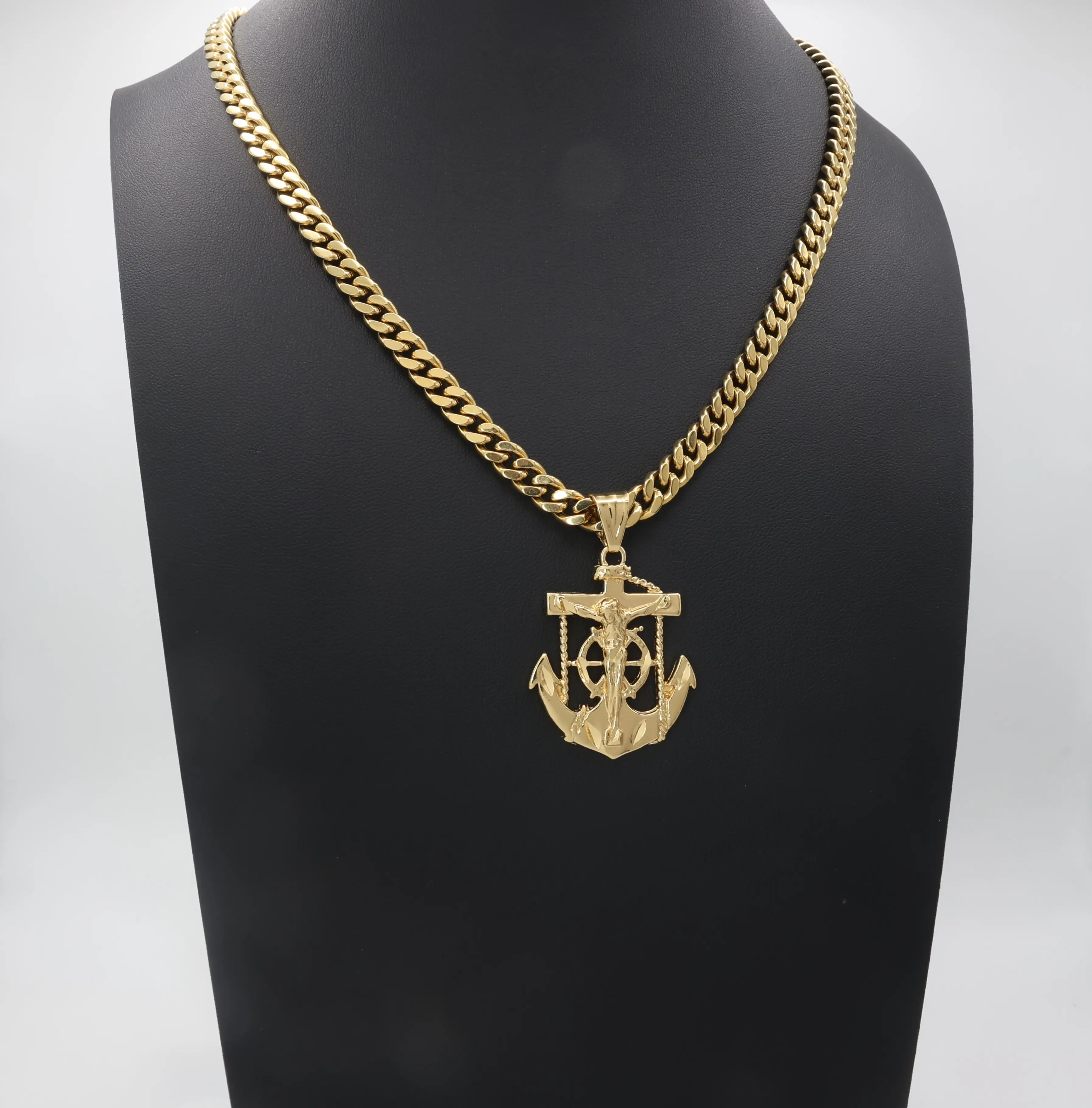 Large Gold Anchor Jesus Pendant, 14k Heavy Plated Gold, 7mm Cuban Link Chain, High Quality, Lifetime Replacement Guarantee
