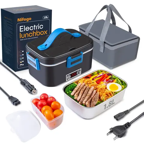 Nifogo Electric Heated Lunch Box, 80W Portable Food Warmer for Adults, 12V/24V/110V Car & Office Use, 1.8L /1.5L Black Bento Box with Fork, Spoon & Insulated Carry Bag