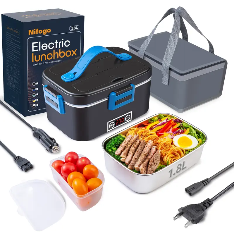 Nifogo Electric Heated Lunch Box, 80W Portable Food Warmer for Adults, 12V/24V/110V Car & Office Use, 1.8L /1.5L Black Bento Box with Fork, Spoon & Insulated Carry Bag