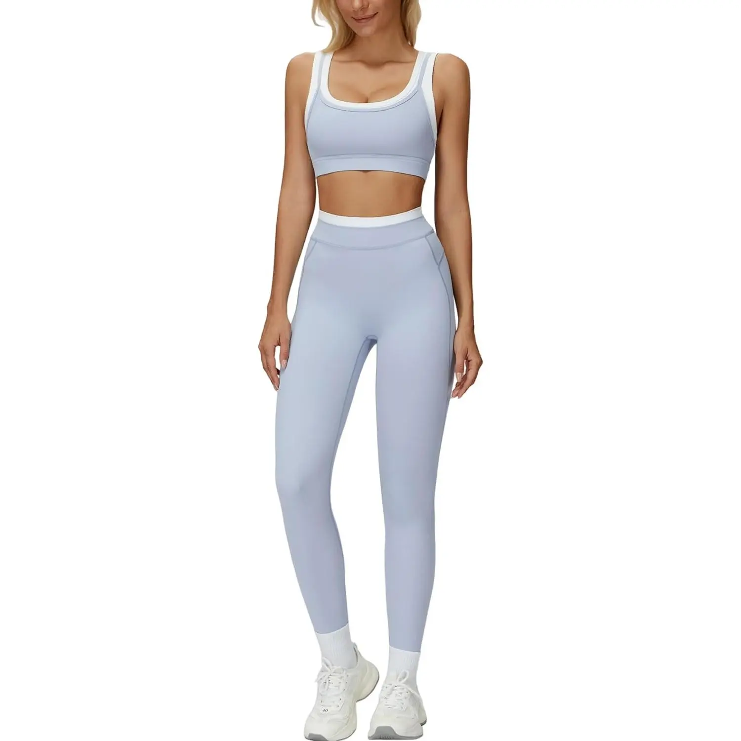 Workout Set Two Piece U Back Color Block Sports Bra Matching High Waist Leggings Gym Pilates Outfits