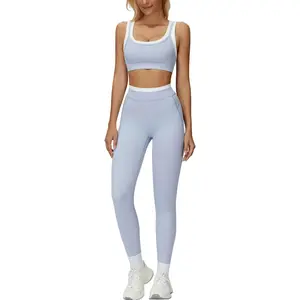 Workout Set Two Piece U Back Color Block Sports Bra Matching High Waist Leggings Gym Pilates Outfits
