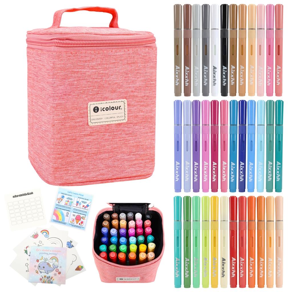 36Colors Acrylic Brush Marker Set, Automatic Ink Control Acrylic Paint Pen, Color Acrylic Gel Pen, Waterproof Multi-Surface Art Pens with Canvas Bag & Coloring Book