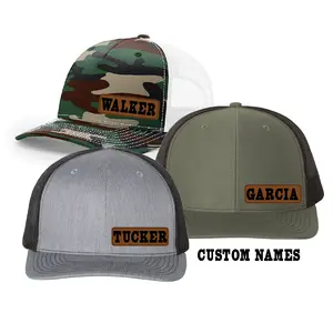 Custom Name Leather Patch Hat, Personalized Trucker Hat, Camo and Gray Hat, Custom Name Cap, Adjustable Leather Patch Hat