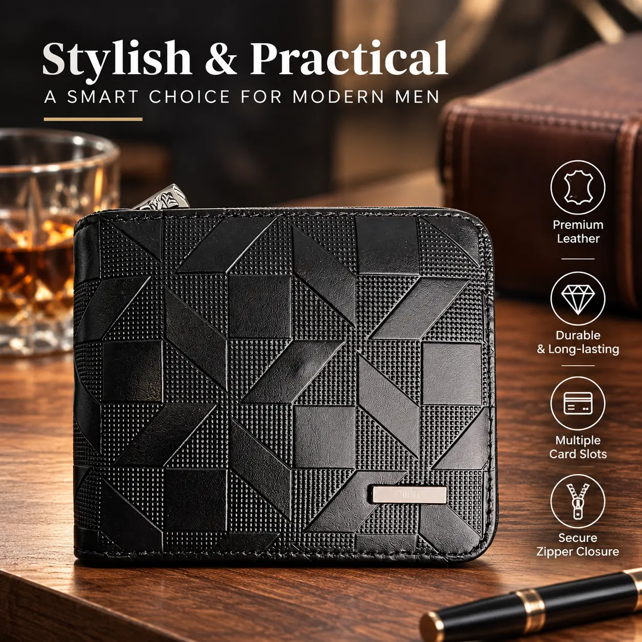 GOODBEE Men's Geometric Embossed Zip Around Wallet, Short Bifold Wallet with Multiple Card Slots, Coin Pocket & Cash Compartment
