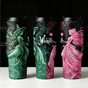 Wicked Musical Inspired Tumbler with Handle, Witch and Princess Fantasy Travel Mug, Magical Broadway Style Coffee Cup