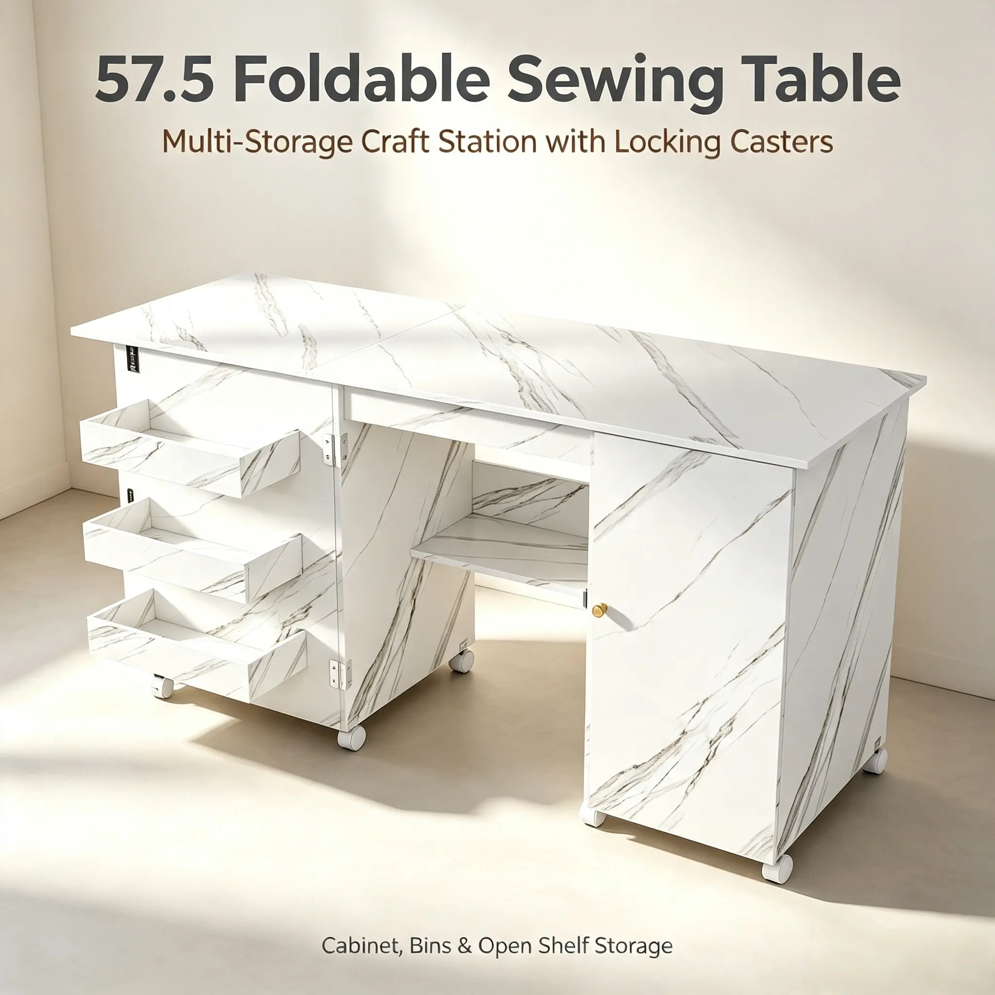 Multifunctional Workbench, Side Table, Computer Desk, Kitchen Storage Table with Shelves, Folding Sewing Table with Casters, Multifunctional Storage Cabinet Desk (White / Black / Walnut)