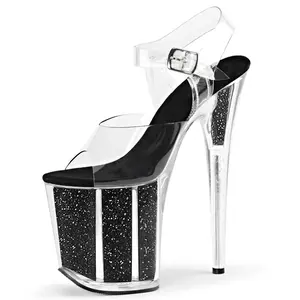 20CM Y2K Clear PVC Platform Sandals – Glitter Black Thick Sole Heels for Stage, Club & Festival
