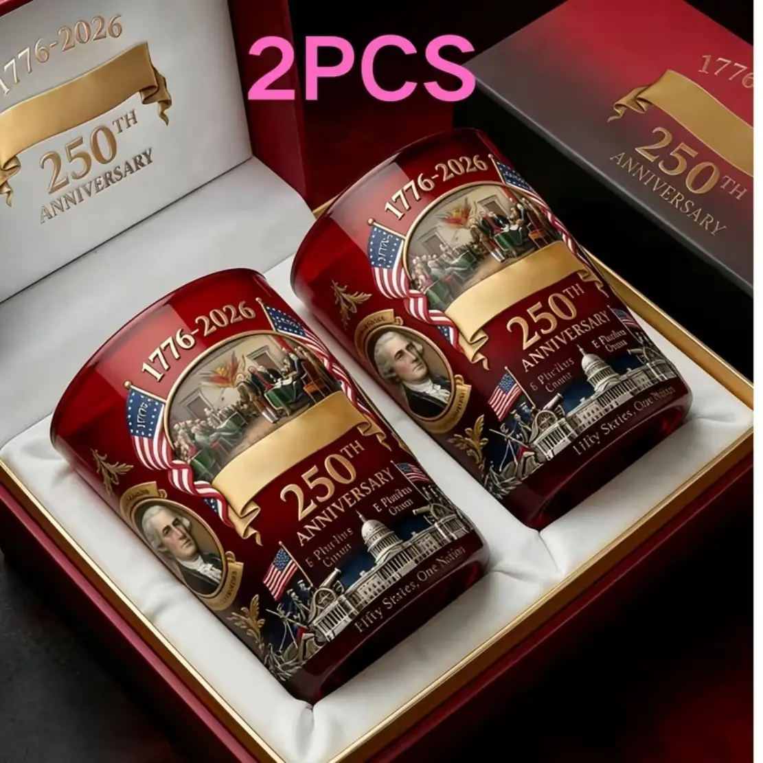 2PCS USA 250th Anniversary Commemorative Glasses - Thermal Patriotic Imagery Whiskey Glasses, Deep-Etched Relief, High-Definition Surround Printing, Transparent Kitchen Drinkware