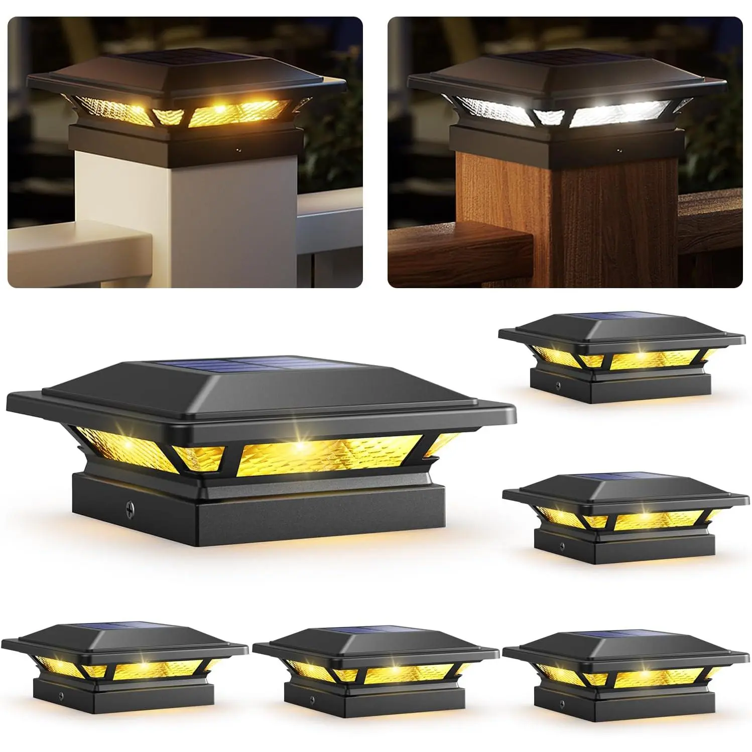4x4 Solar  Cap Lights 16 LEDs 2 Modes 3.5x3.5 4x4 Wooden Vinyl  Light  Outdoor for Deck Fence Patio Garden Decor, Warm/Cool White (6 Pack, Black)
