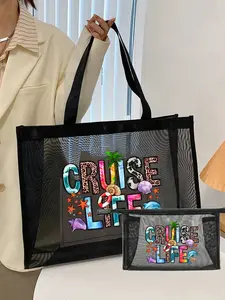 Stylish Mesh Shoulder Bag with Decorative Patterns. Mesh Shoulder Bag Set, Large Capacity, Suitable for Shopping and Commuting. It's Also Ideal as a Beach Bag or for Storing Toiletries. A Great Gift Idea for Family, Partners, And Friends.