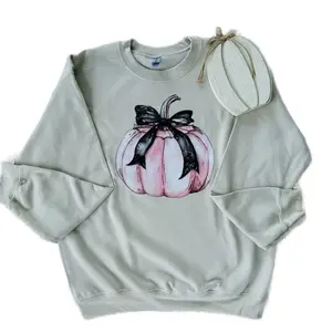 Gildan Women's Crewneck Sand Color with Pink Pumpkin with Bow Transfer - Womenswear, Pullover